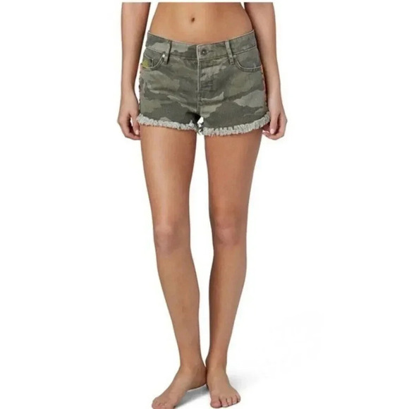Roxy Denim Shorts Breaking Camo Cutoff Mid Rise Women's Frayed Beaded New - Picture 1 of 16